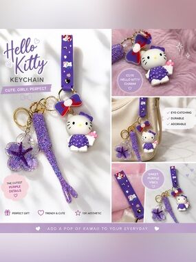 Hello Kitty Purple Keychain Bundle 💜 Kawaii Charm Wristlet Glitter Tassel Cute